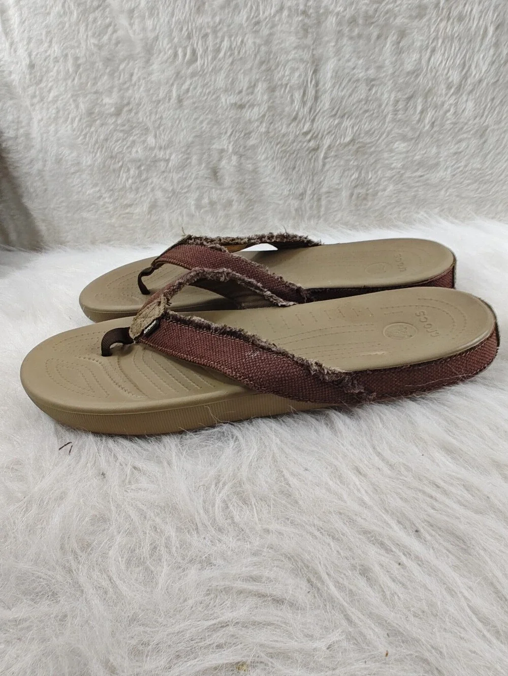 Crocs Dual Comfort Khaki Canvas Fabric Flip Flop Sandals Men's Size 12 Comfort